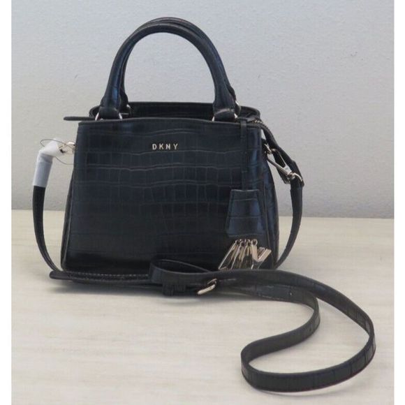 DKNY R13DPJ47 SM Black Croc Embossed Paige Satchel Crossbody Bag w/Charms $178 - Picture 4 of 11